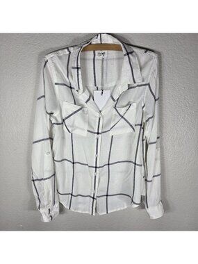Weekends Everyday White Size M Plaid Button Up Blouse Roll Tab Sleeve V-Neck